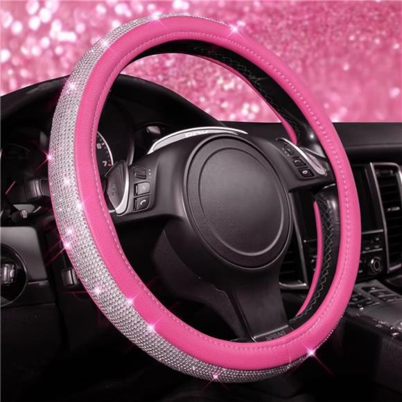 Diamond Pink Leather Steering Wheel Crystal Cover, Universal Fit 14" 1/2-15" - Picture 1 of 6